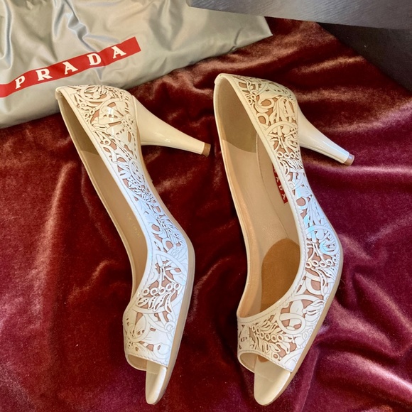 Prada Laser Cut White Kitten Heels - Picture 3 of 8